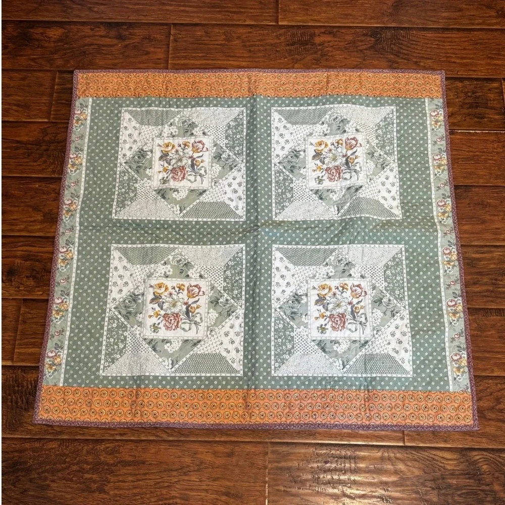 Vintage Patchwork Baby Quilt Blanket Floral Cottage Green Pink 39x41 Nursery